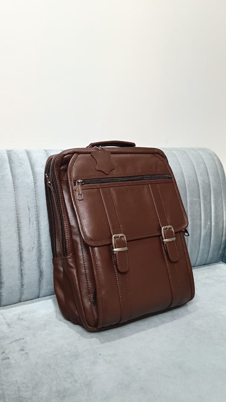 Cow Leather Dual Lock Bag- Brown